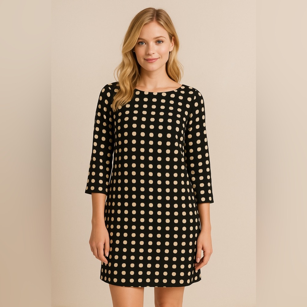 Lili Rose Black Cream Polka Dot Shift Dress M 8 3/4 Sleeve Retro Mod Look READ